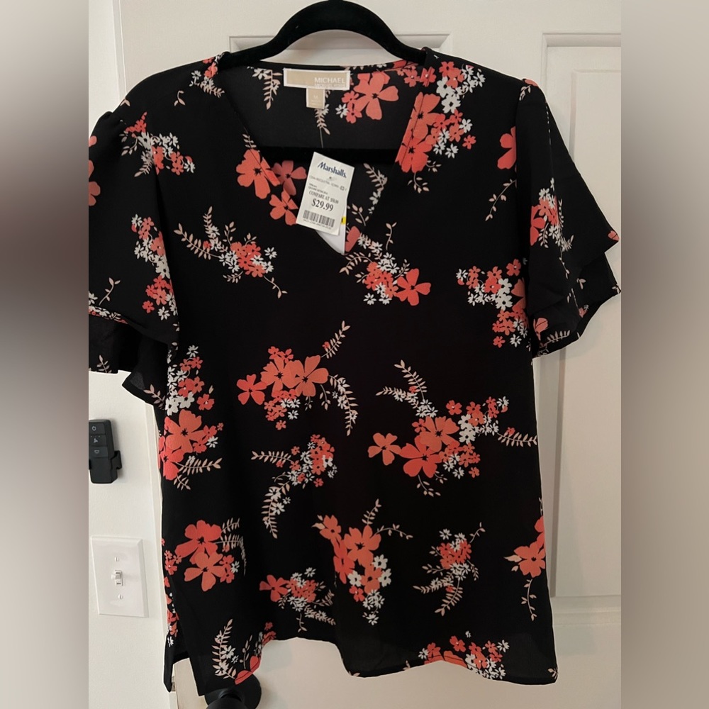 Michael Kors Short Sleeved Top (black with pink floral) Size medium